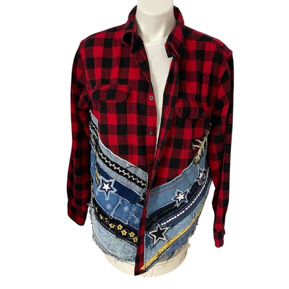 Upcycled Flannel Shirt Shacket Womens XL Jacket Coffee Grunge Patchwork Folk Art - Picture 5 of 16